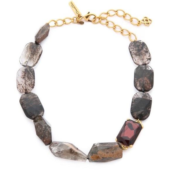 Oscar de la Renta Quartz & Raw Crystal Fashion Necklace Gold Tone Burgundy - Picture 2 of 6